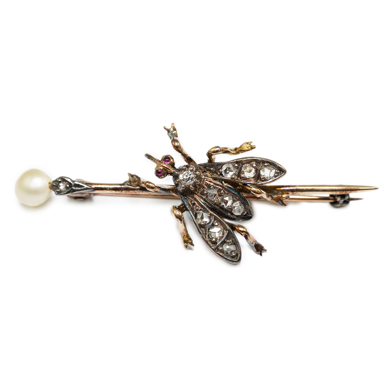 A Victorian gold and silver, pearl, rose and old cut diamond set 'bug' bar brooch